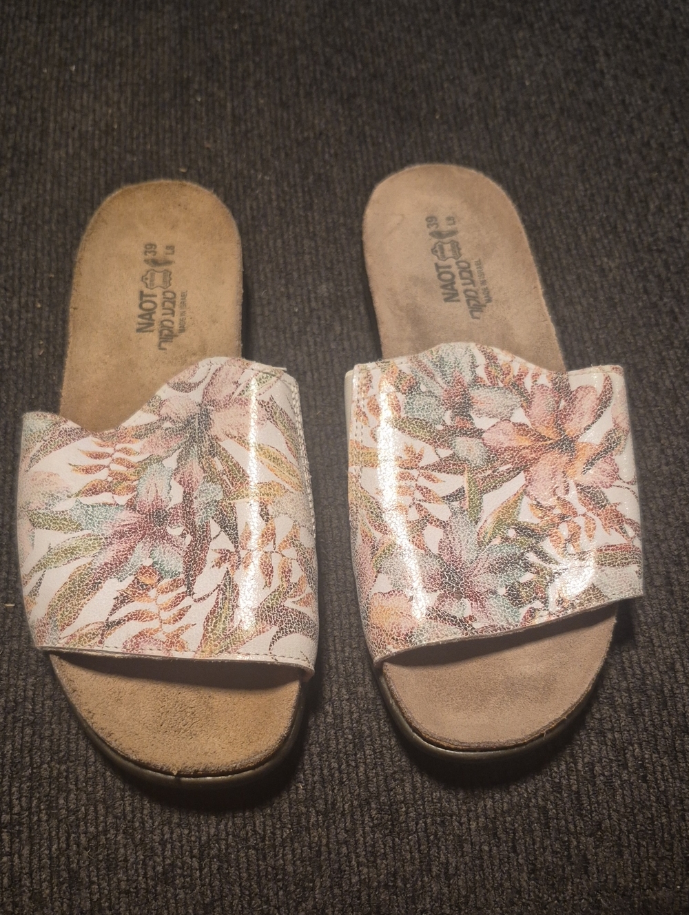 Naot Floral Slide Sandals in White with Pink and Green Accents